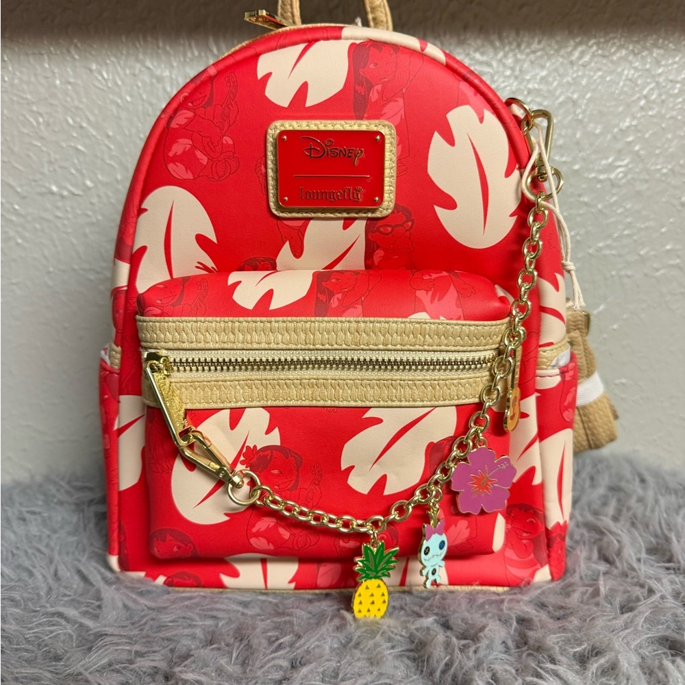 Loungefly Lilo Red and Cream Tropical Backpack with Gold Hardware